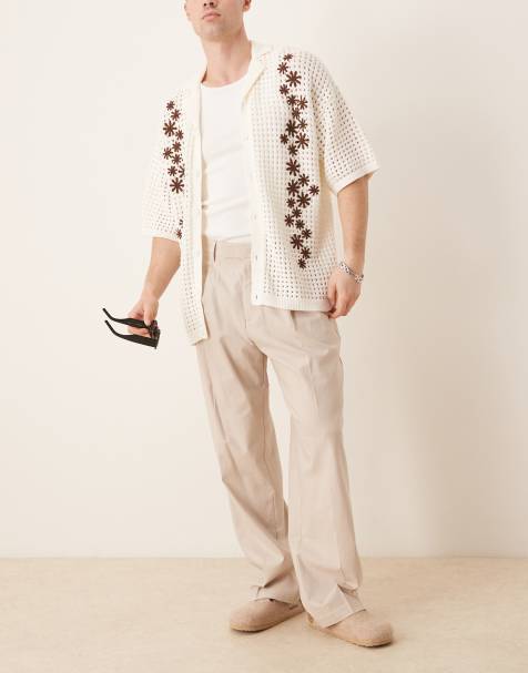 ASOS DESIGN smart wide leg linen blend pants with front pleat in stone - view 1
