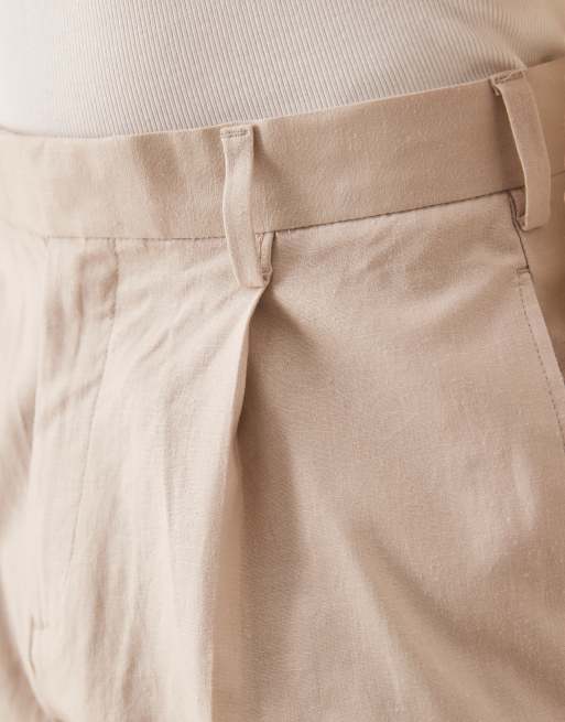ASOS DESIGN smart wide leg linen blend pants with front pleat in stone