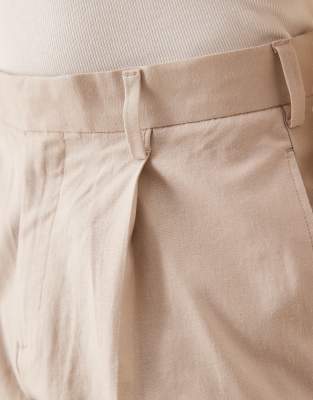 ASOS DESIGN smart wide leg linen blend pants with front pleat in stone