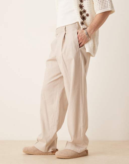 ASOS DESIGN smart wide leg linen blend pants with front pleat in stone
