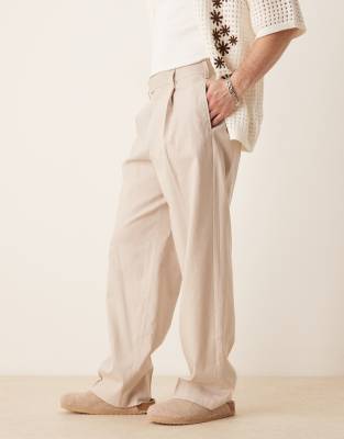 ASOS DESIGN smart wide leg linen blend pants with front pleat in stone