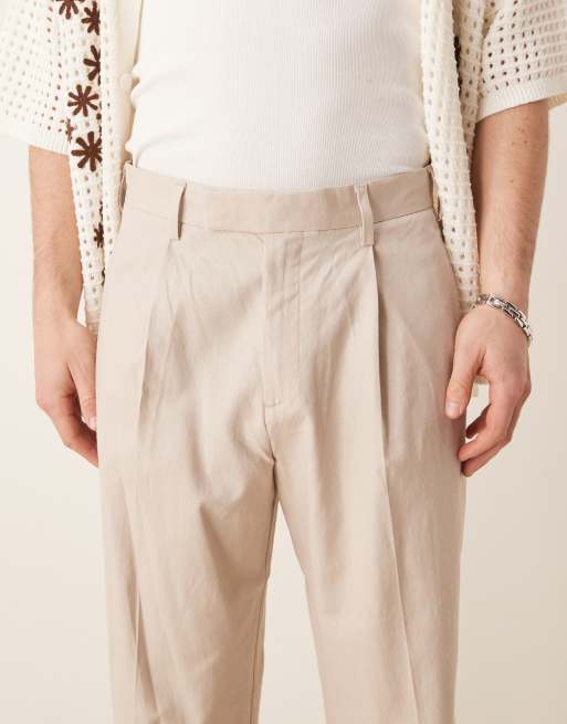 ASOS DESIGN smart wide leg linen blend pants with front pleat in stone