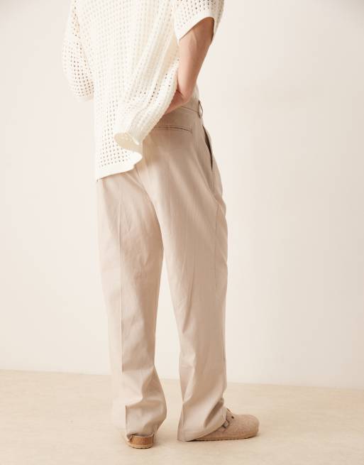 ASOS DESIGN smart wide leg linen blend pants with front pleat in stone