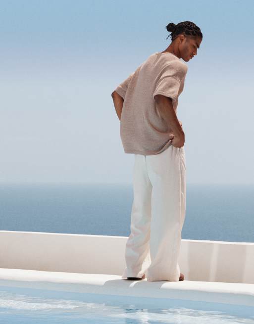 ASOS DESIGN wide leg linen blend dress pants with front pleats in white