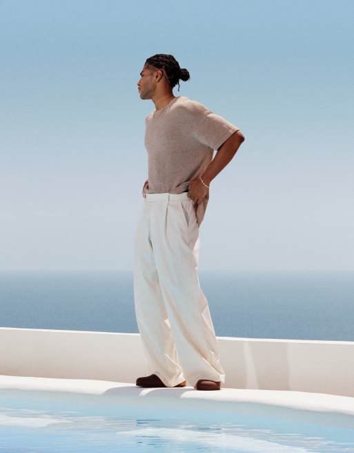 ASOS DESIGN wide leg linen blend dress pants with front pleats in white