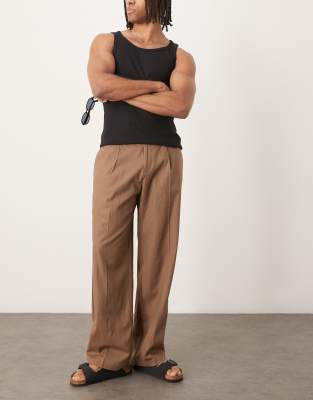 Asos Design Smart Wide Leg Linen Blend Pants With Front Pleat-brown