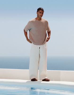 asos ASOS DESIGN smart wide leg linen blend trousers with front pleat in white