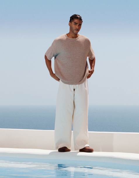 ASOS DESIGN smart wide leg linen blend trousers with front pleat in white - view 1