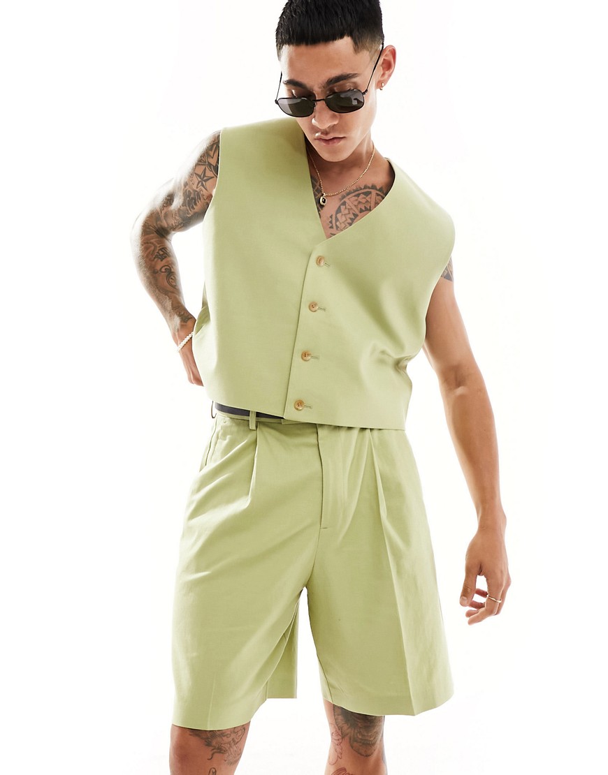 ASOS DESIGN smart wide leg linen blend wide shorts in brown-Green