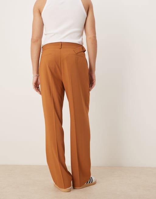 ASOS DESIGN smart wide leg linen look belted pants with front pleat in rust