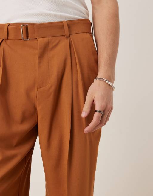 ASOS DESIGN smart wide leg linen look belted pants with front pleat in rust
