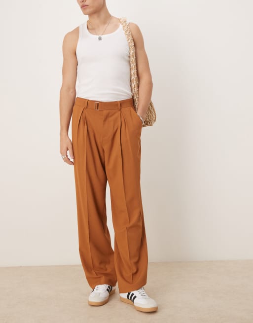 ASOS DESIGN smart wide leg linen look belted pants with front pleat in rust