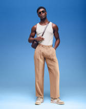 Asos Design Smart Wide Leg Linen Look Pants With Double Pleats In Brown