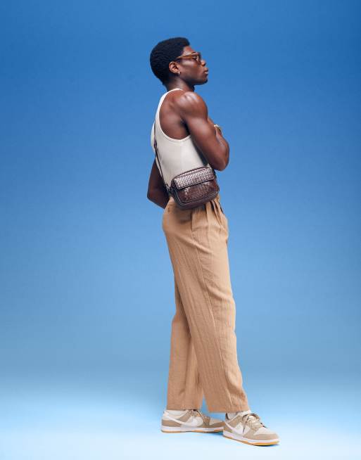 ASOS DESIGN smart wide leg linen look trousers with double pleats in light brown