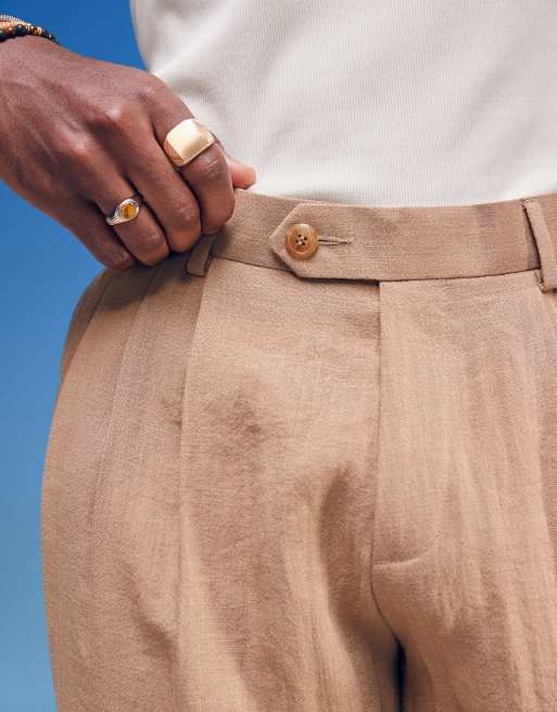 ASOS DESIGN smart wide leg linen look trousers with double pleats in light brown