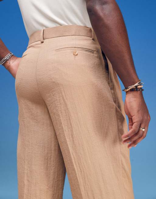 ASOS DESIGN smart wide leg linen look trousers with double pleats in light brown