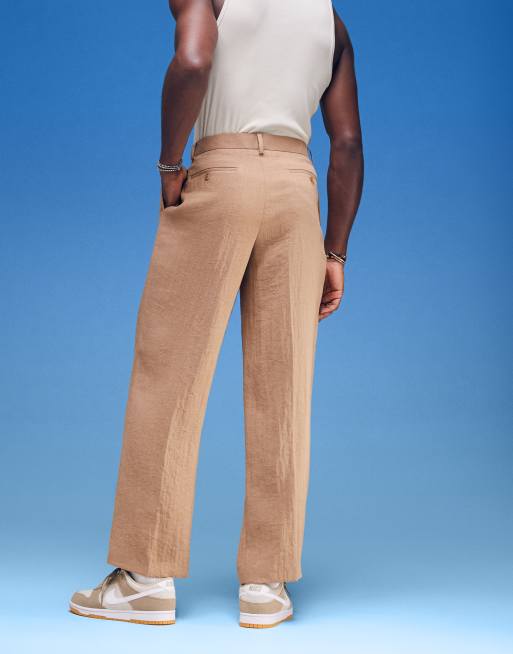 ASOS DESIGN smart wide leg linen look trousers with double pleats in light brown