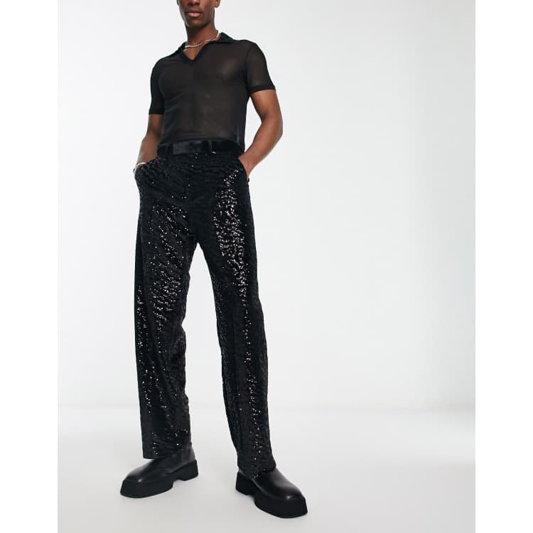 ASOS DESIGN smart wide leg pants in black sequin