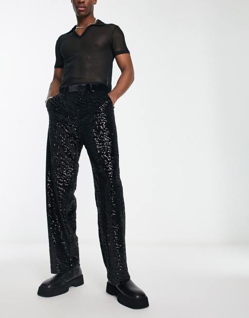 ASOS Slim Crop Smart Pants In Black Satin With Sequin Side Stripe for Men