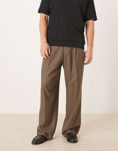 ASOS DESIGN smart wide leg pants in brown houndstooth with half elasticated waist - view 1
