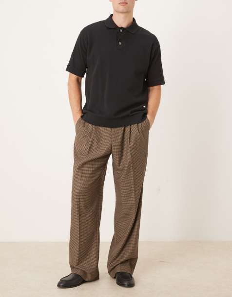 ASOS DESIGN smart wide leg pants in brown houndstooth with half elasticized waist - view 1