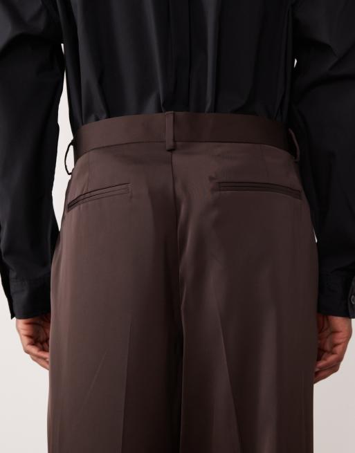ASOS DESIGN smart wide leg pants in dark brown satin, 5 of 5