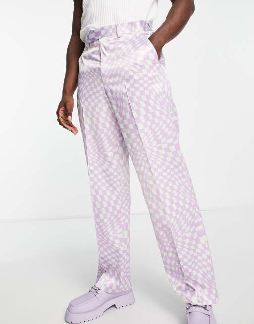 ASOS DESIGN smart wide leg pants in green and lilac checkerboard - part of  a set