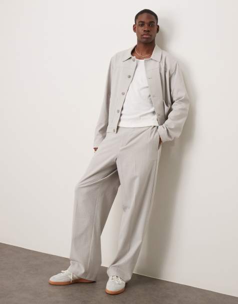 ASOS DESIGN smart wide leg pants in light gray seersucker with elastic waist - part of a set - view 1
