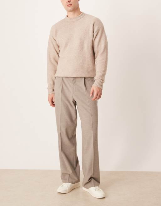 ASOS DESIGN smart wide leg pants in stone flannel with front pleat