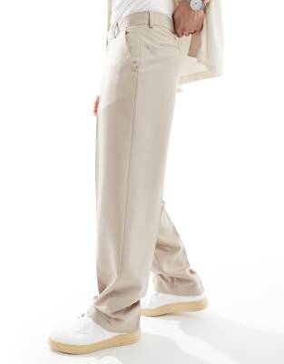 smart wide leg pants in stone-Neutral