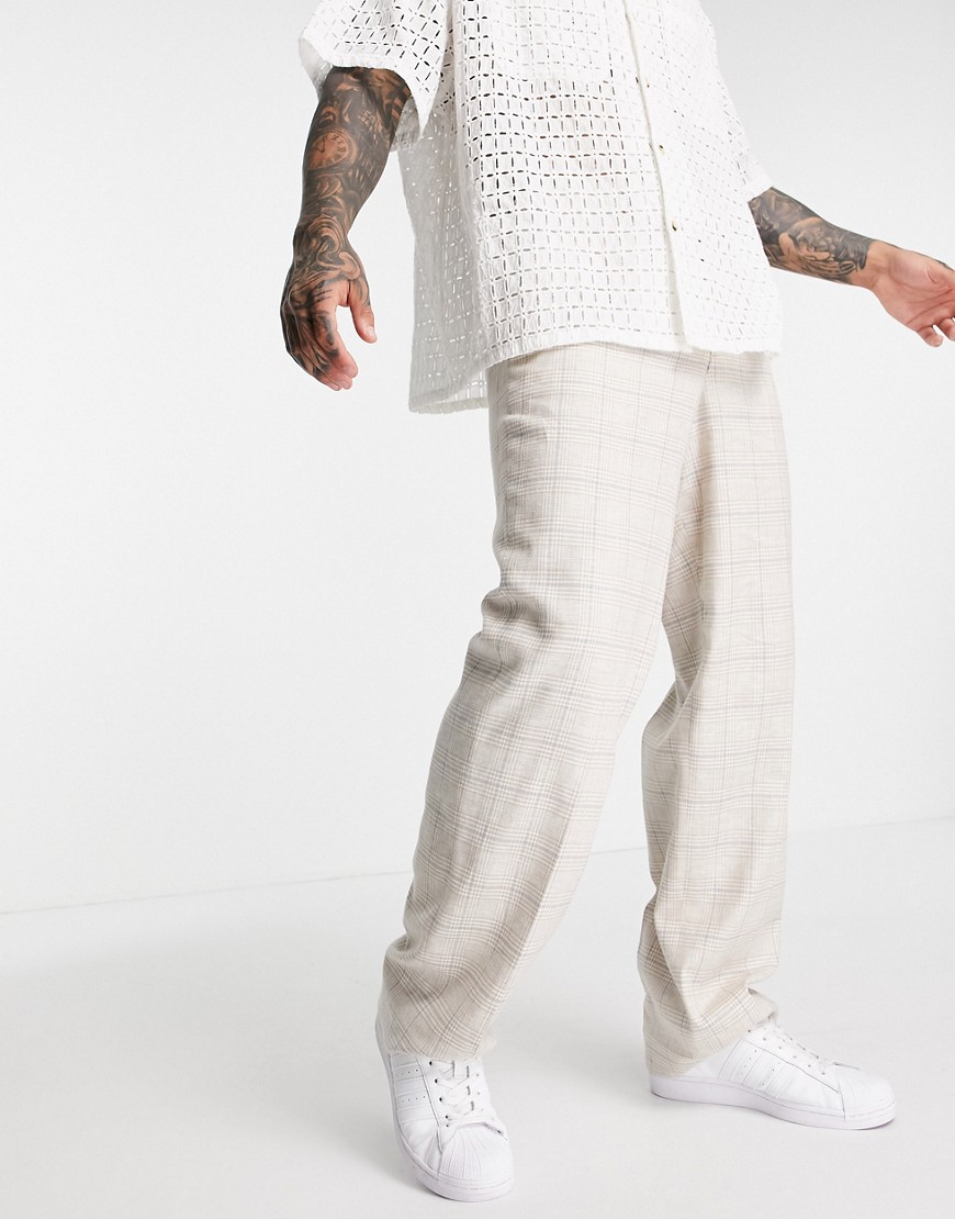 ASOS DESIGN smart wide leg pants with beige prince of wales linen mix check - part of a set-Neutral