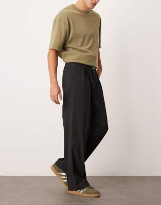 smart wide leg pants with belt detail in black