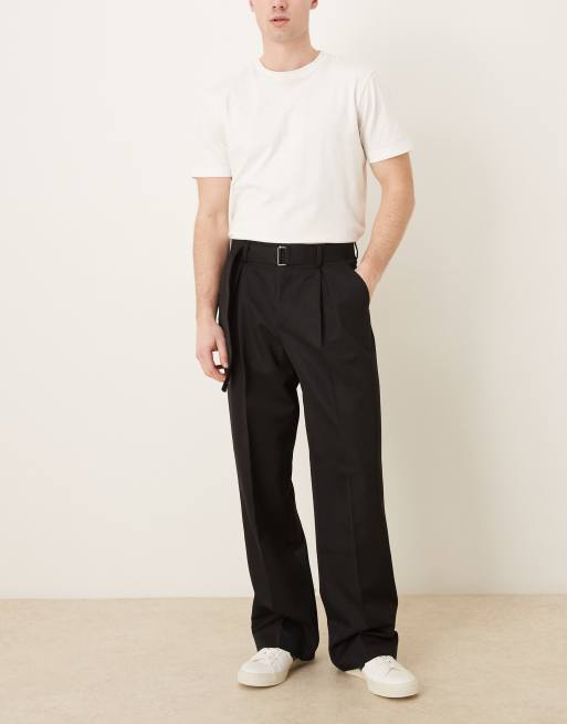 ASOS DESIGN smart wide leg pants with belt detail in black, 2 of 5