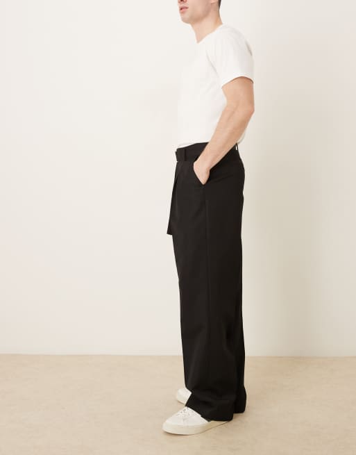 ASOS DESIGN smart wide leg pants with belt detail in black, 3 of 5