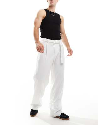 smart wide leg pants with belt detail in white