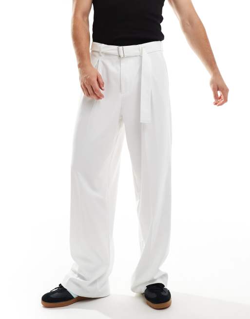 ASOS DESIGN smart wide leg pants with belt detail in white