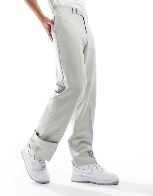 ASOS DESIGN smart wide leg pants with cuff strap in light grey