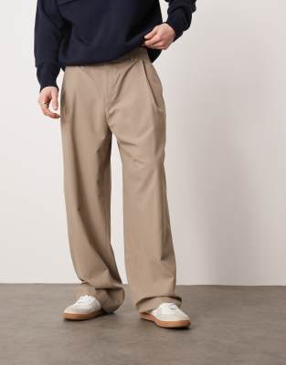 Asos Design Smart Wide Leg Pants With Deep Pleat In Neutral