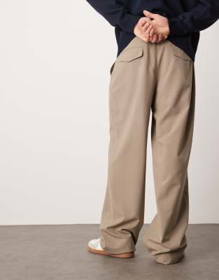 Asos Design Smart Wide Leg Pants With Deep Pleat In Neutral