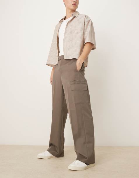 ASOS DESIGN smart wide leg pants with double pleats and cargo pockets in khaki with elasticated waist - view 1