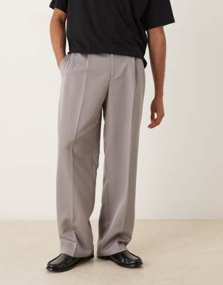 Asos Design Smart Wide Leg Pants With Double Pleats In Gray