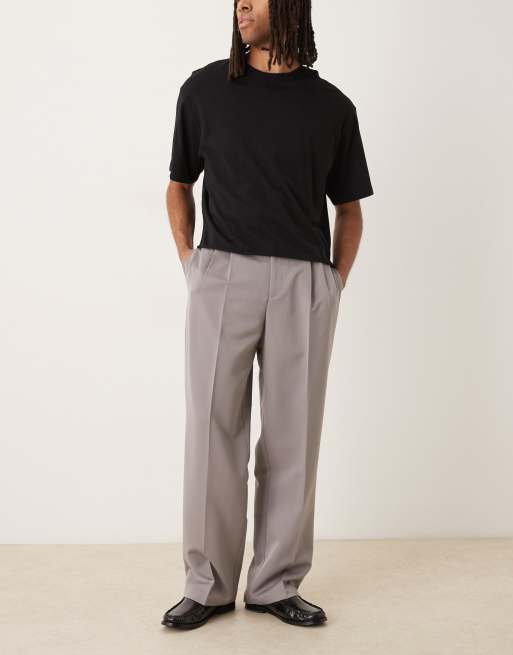 ASOS DESIGN smart wide leg pants with double pleats in light gray