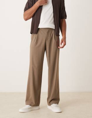 Asos Design Smart Wide Leg Pants With Double Pleats In Brown