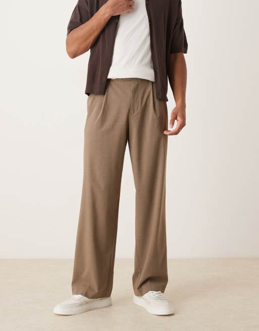 ASOS DESIGN smart wide leg pants with double pleats in light stone