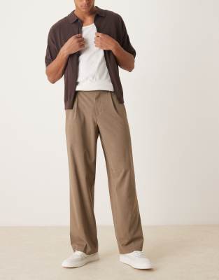 Asos Design Smart Wide Leg Pants With Double Pleats In Brown