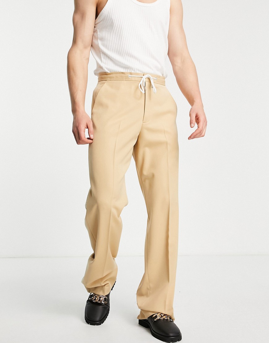 Asos Design Smart Wide Leg Pants With Drawcord Waist In Camel-neutral