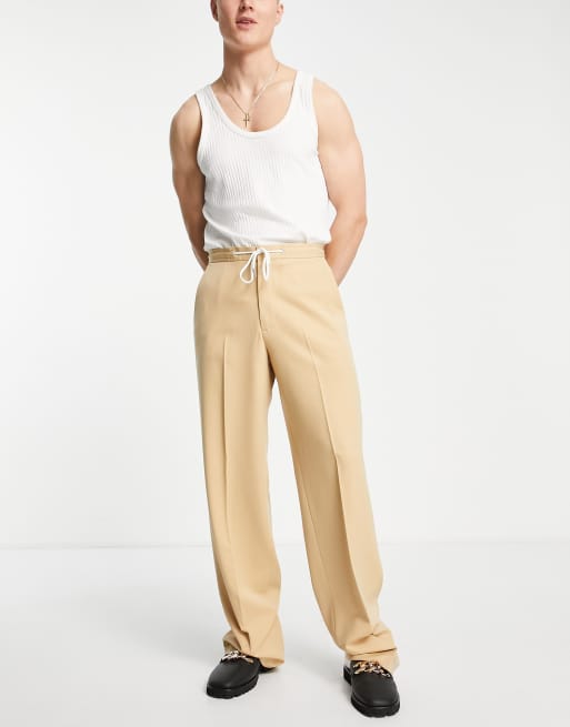 ASOS DESIGN smart wide leg pants with drawcord waist in camel, 3 of 4