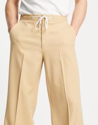 ASOS Design Smart Wide Leg Pants with Drawcord Waist in camel-Neutral