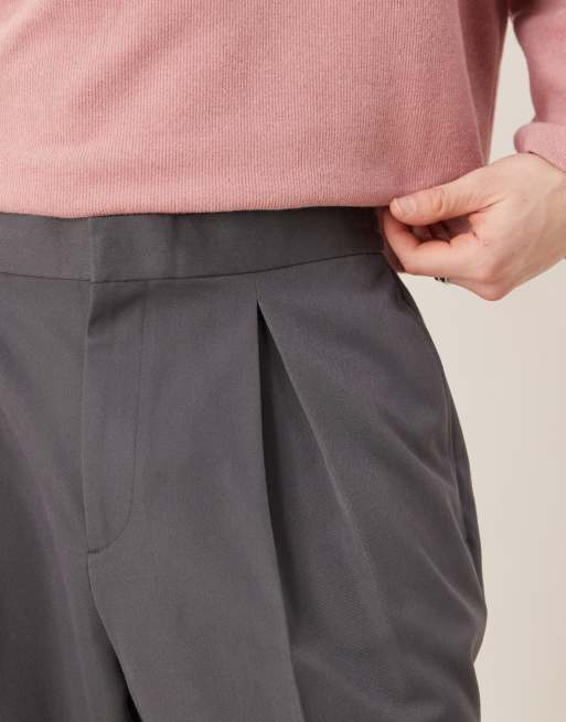 ASOS DESIGN smart wide leg pants with front inverted pleats in gray with elastic waist