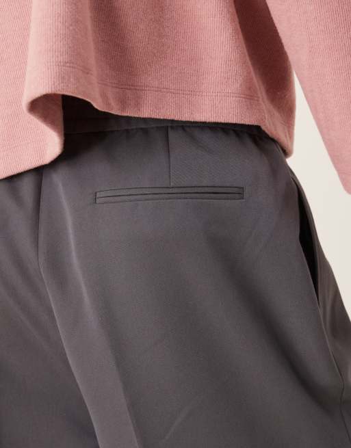 ASOS DESIGN smart wide leg pants with front inverted pleats in gray with elastic waist, 4 of 5